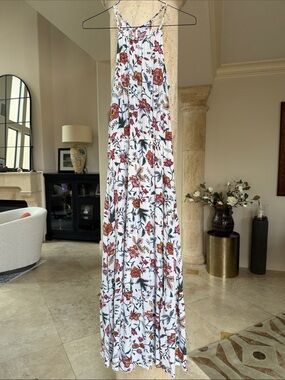 Old Navy White Sleeveless Maxi Dress with Pink and Green Floral Print Sz M